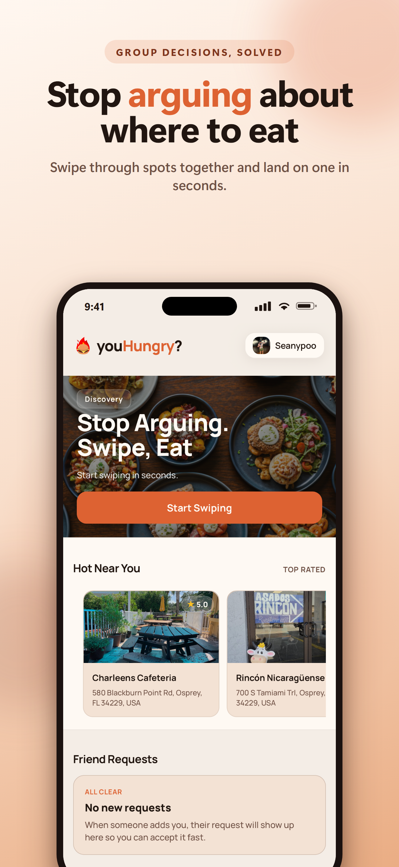 youHungry? app showing the home screen — stop arguing about where to eat