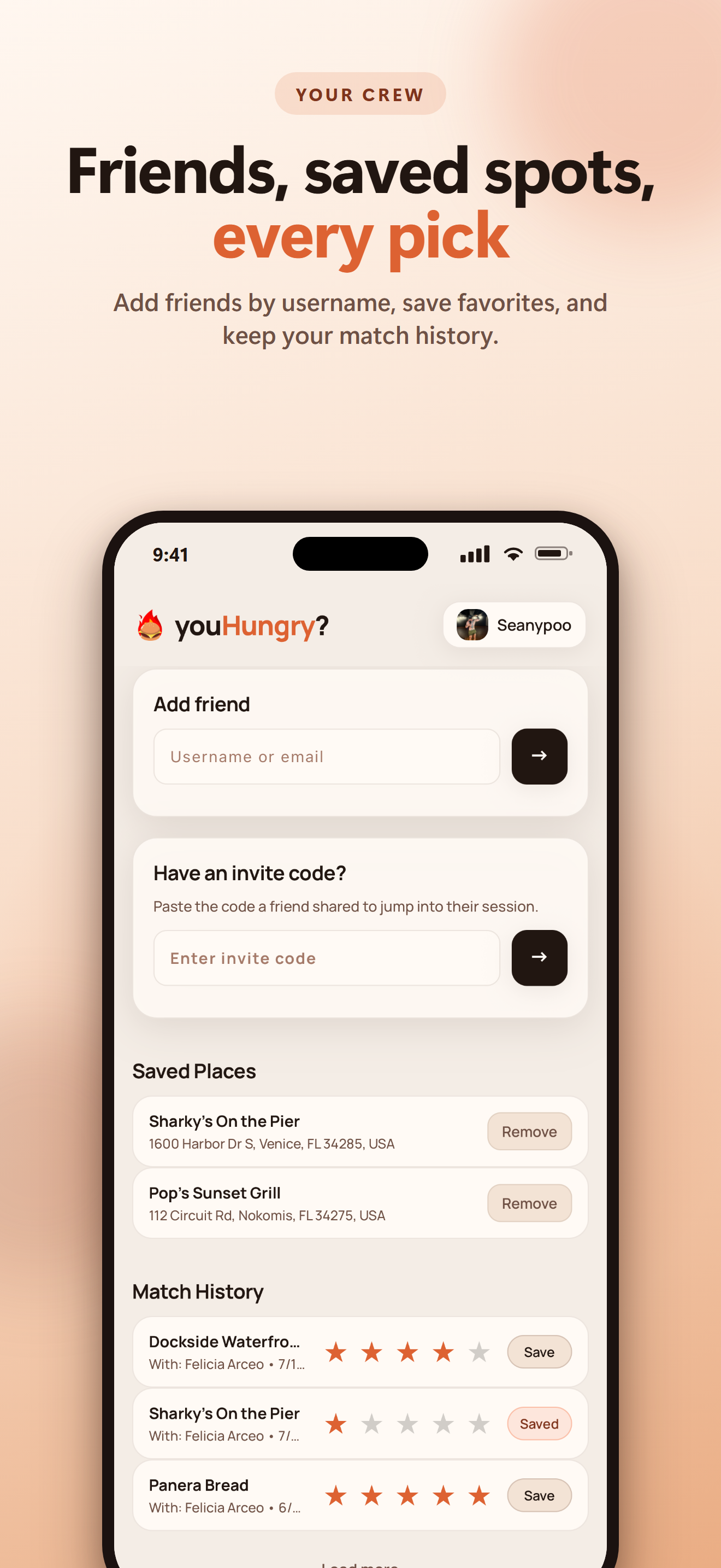 Friends, saved spots, and your match history